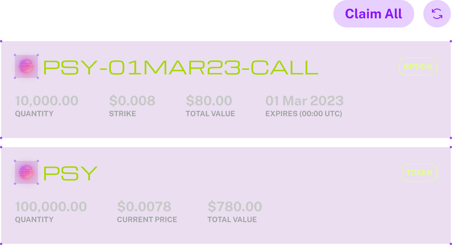 Rewards panels indicating claimable rewards