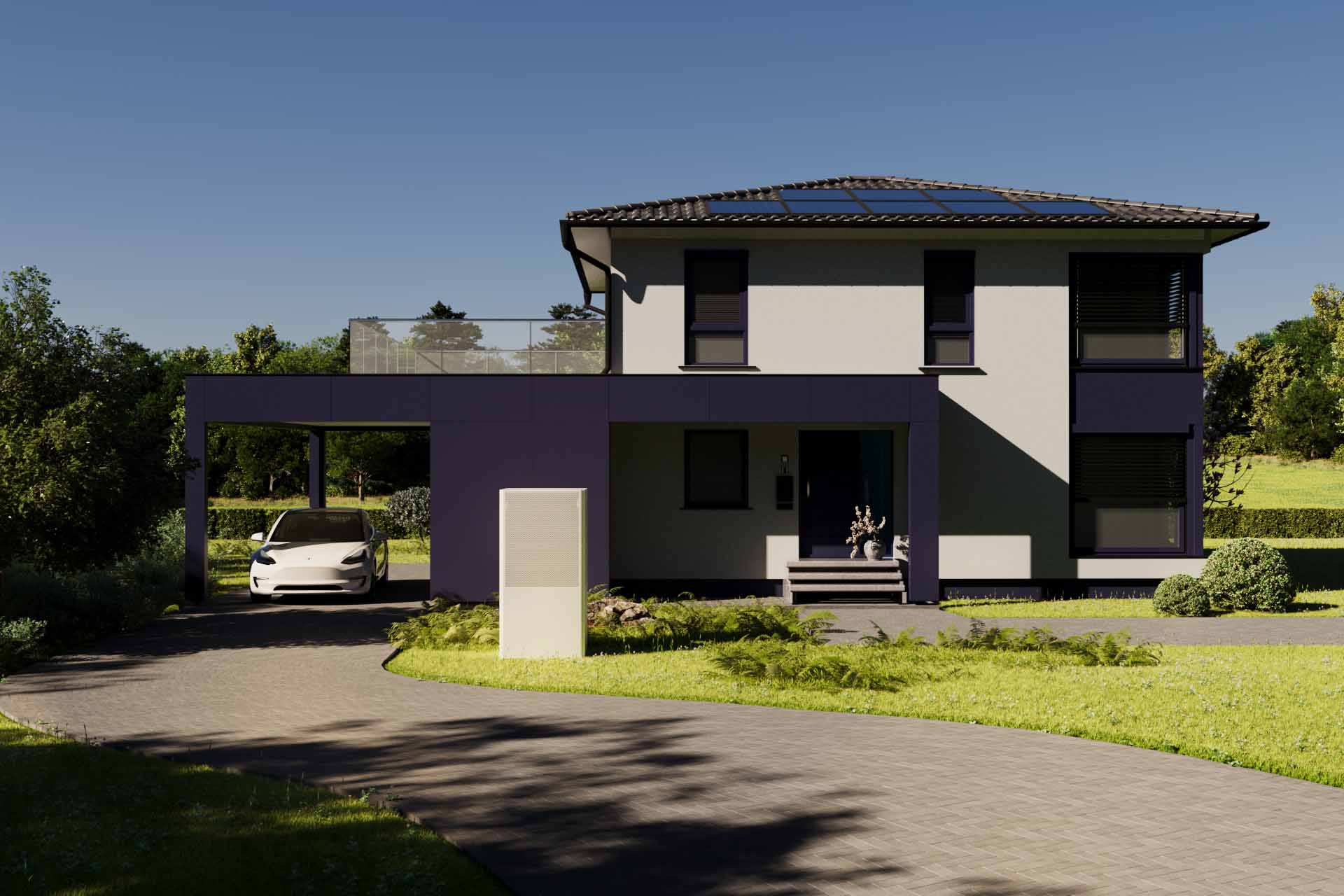 modernes Haus mit Solarpanels in Garten Carport mit weißem Tesla Elktroauto Blauer Himmel
