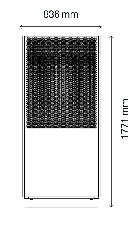 NovaAir heat pump technical drawing front view with dimensions 836 x 1771 mm