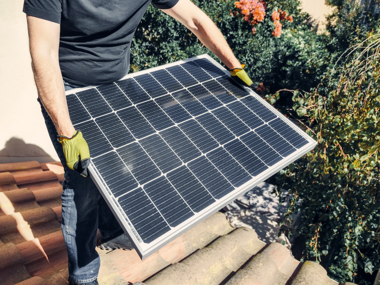 Person hält Solarpanel, Vorbereitung zur Installation, erneuerbare Energie, im Garten, tagsüber, nachhaltige Technologie