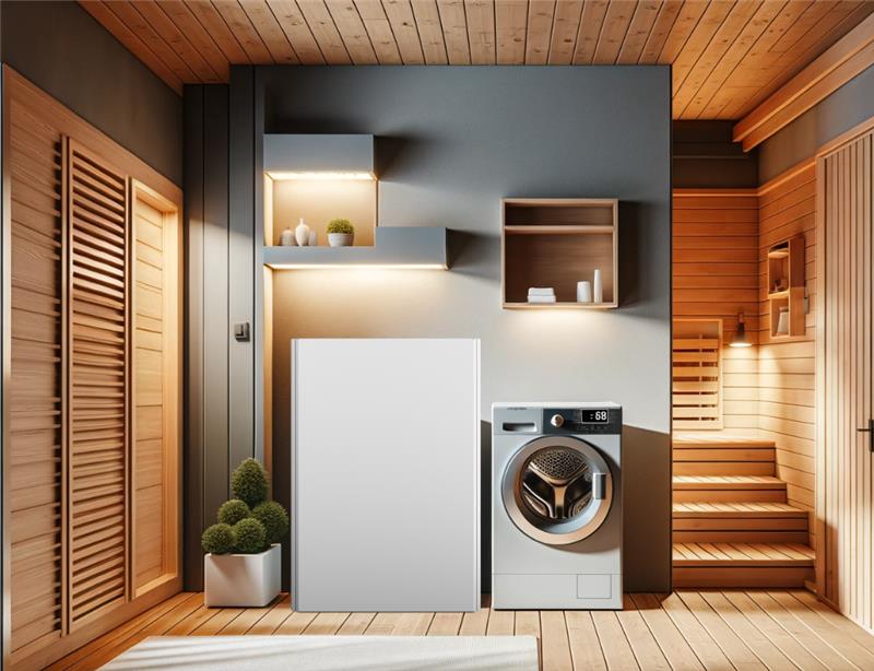 Regli Guide Brine-to-water heat pump NovaTera next to washing machine in cellar with wood cladding on wall Sauna in corner