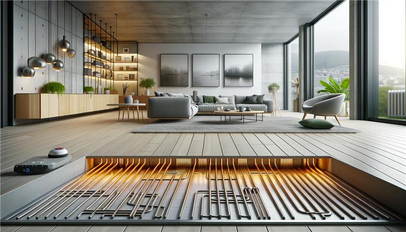 Regli Guide Modern living room in concrete house Sofa corner with armchair Pictures on wall in floor Pipes from underfloor heating partially visible