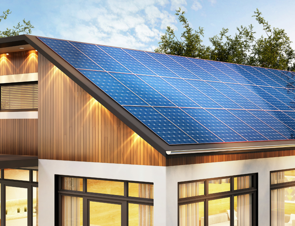 Regli guide modern house with wooden cladding solar panels on roof sun shines blue sky windows light up from inside