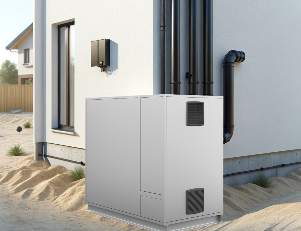 Regli Ratgeber Großwärmepumpe TeraNova vor modernem Haus in Garten boden besteht aus Kies und Sand Baustelle in Garten