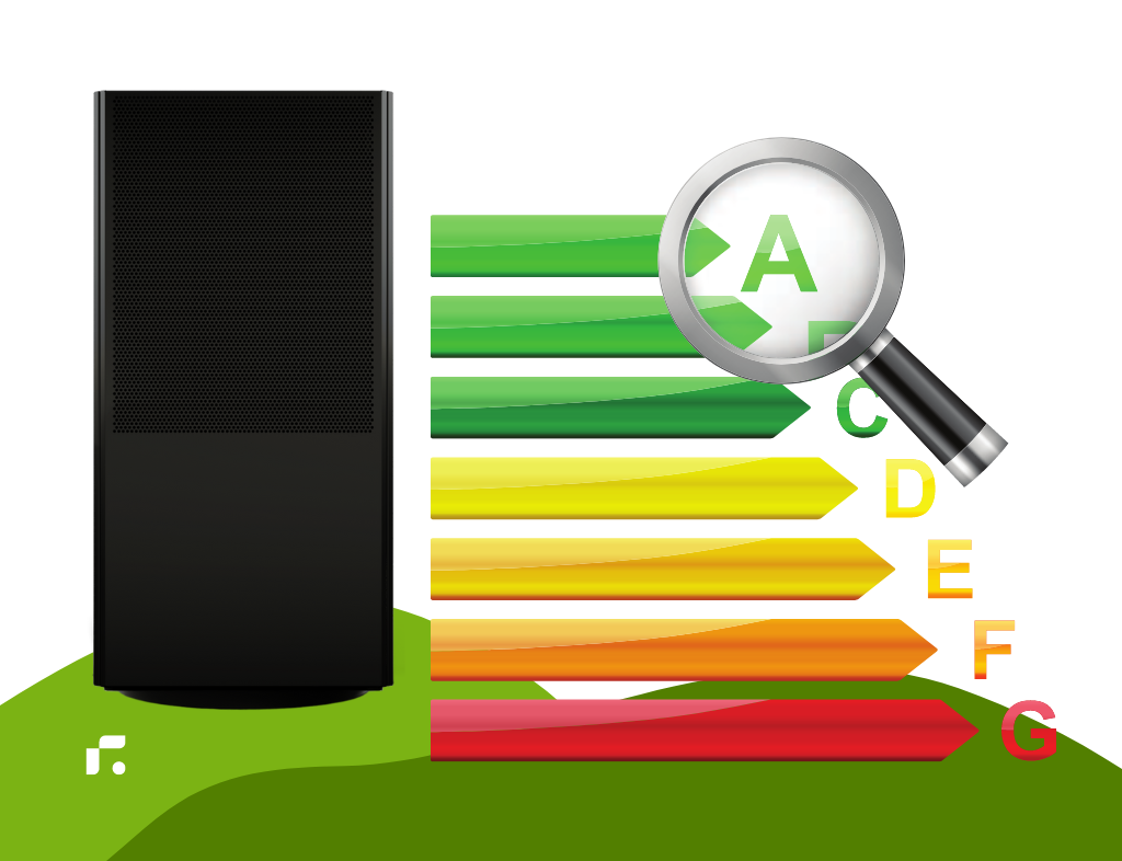 NovaAir Wärmepumpe neben Energieeffizienz Icon A bis G. A ist von einer Lupe umrandet 