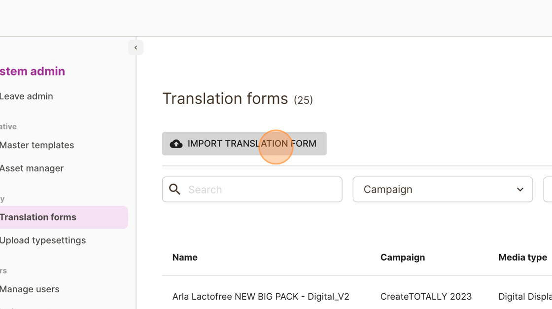 Screenshot of: Click "IMPORT TRANSLATION FORM"