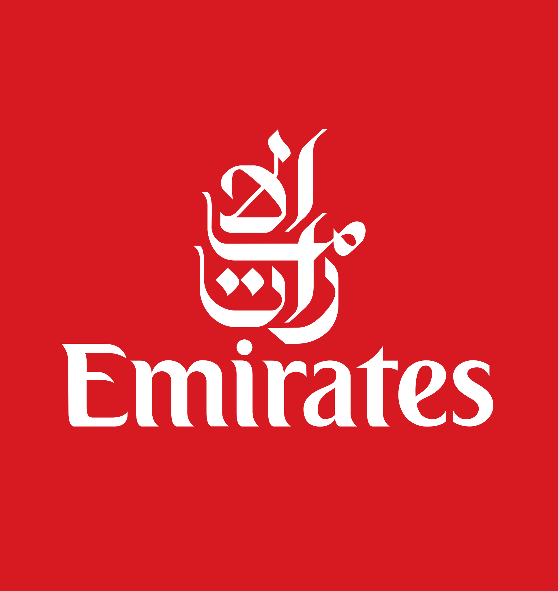 The corporate logo of Emirates Airline - an airline and tourism company based in Dubai, UAE