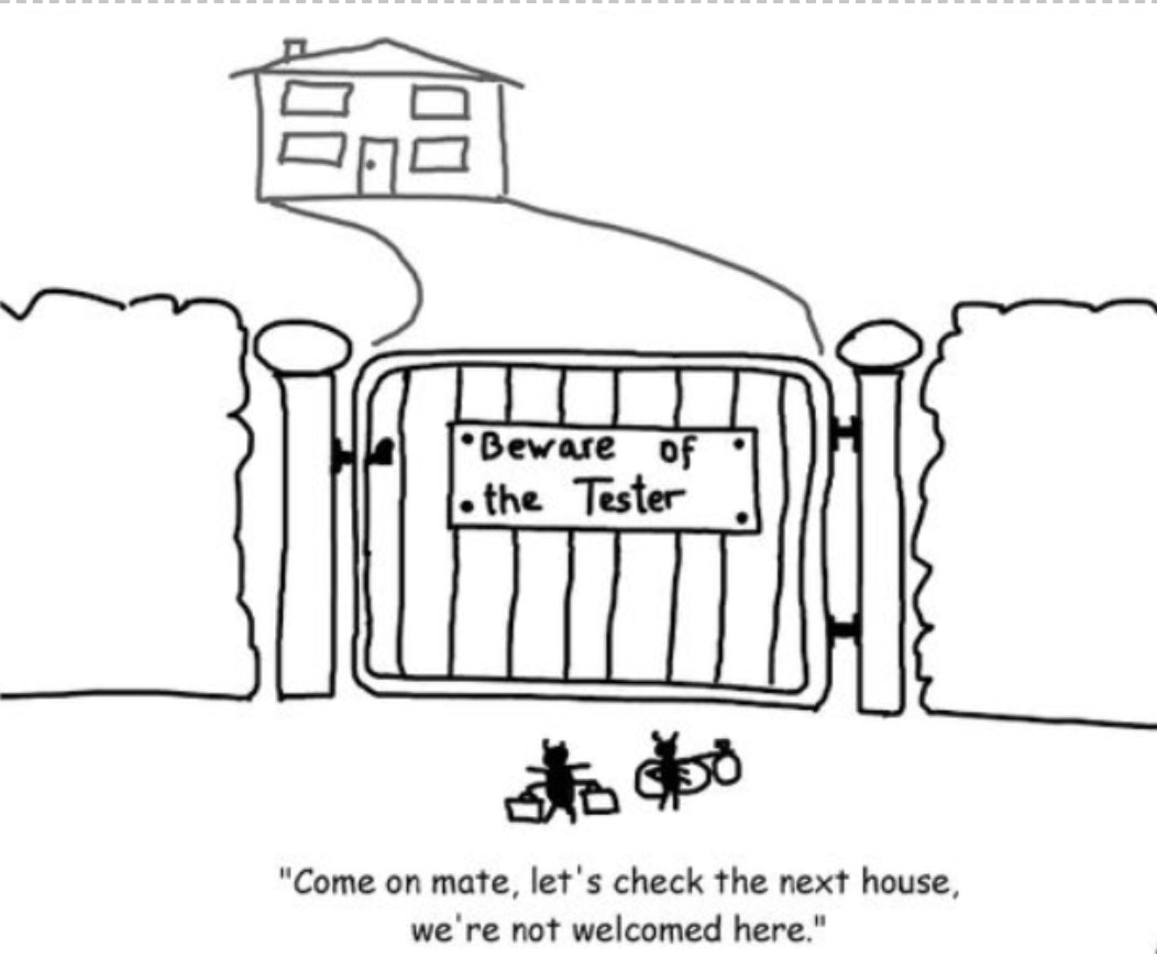 A house with a sign on the gate saying 'Beware of the tester' and two bugs realising they aren't welcome.