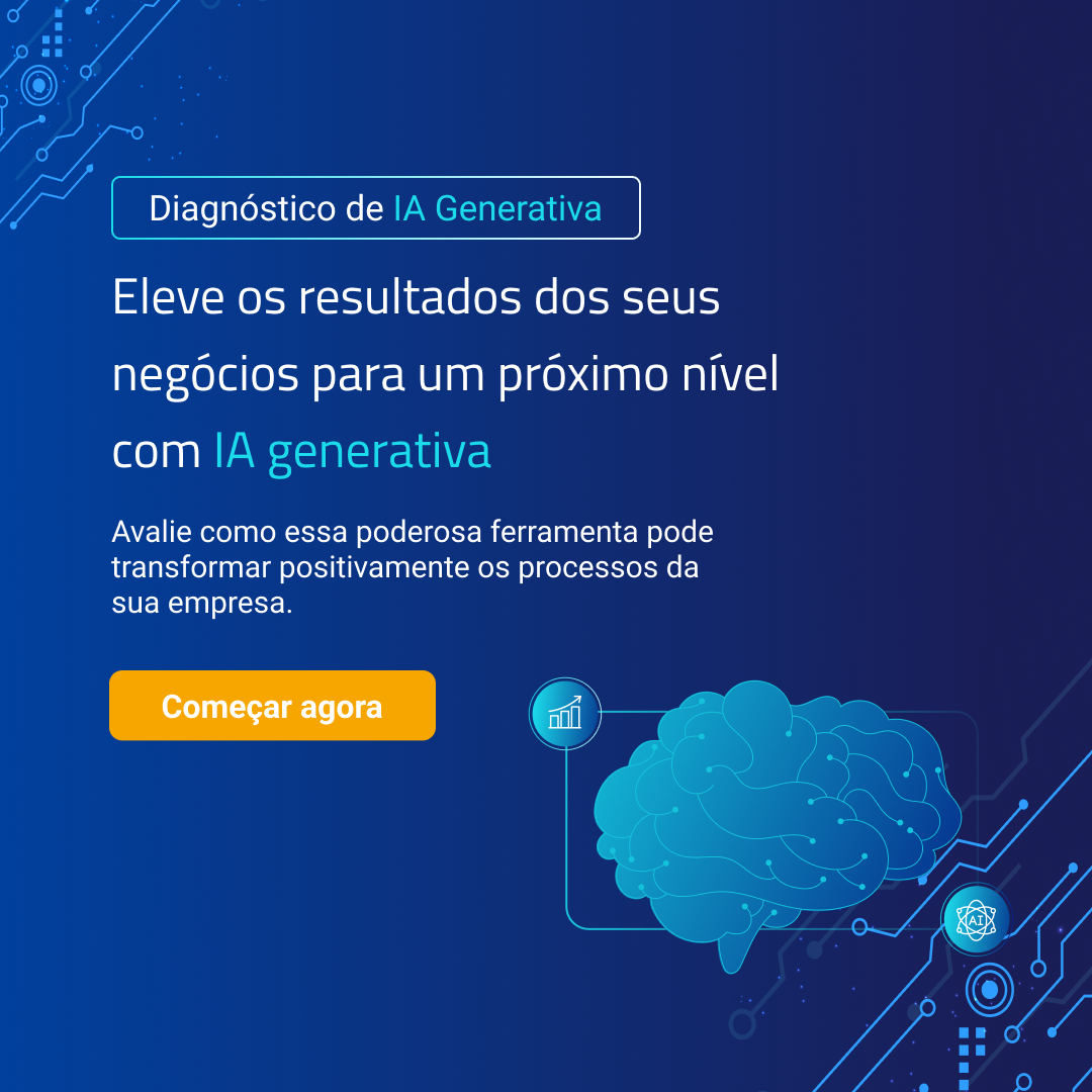 Image that works as a button to click and take the person to the readiness assessment page for a company's use of generative AI. It reads: Generative AI diagnosis. Take your business results to the next level with generative AI. Evaluate how this powerful tool can positively transform your company’s processes. Start now.