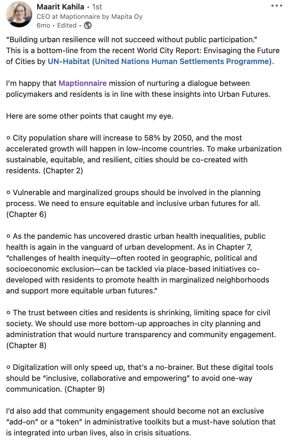 screenshot of Maarit Kahila’s post on public participation trends