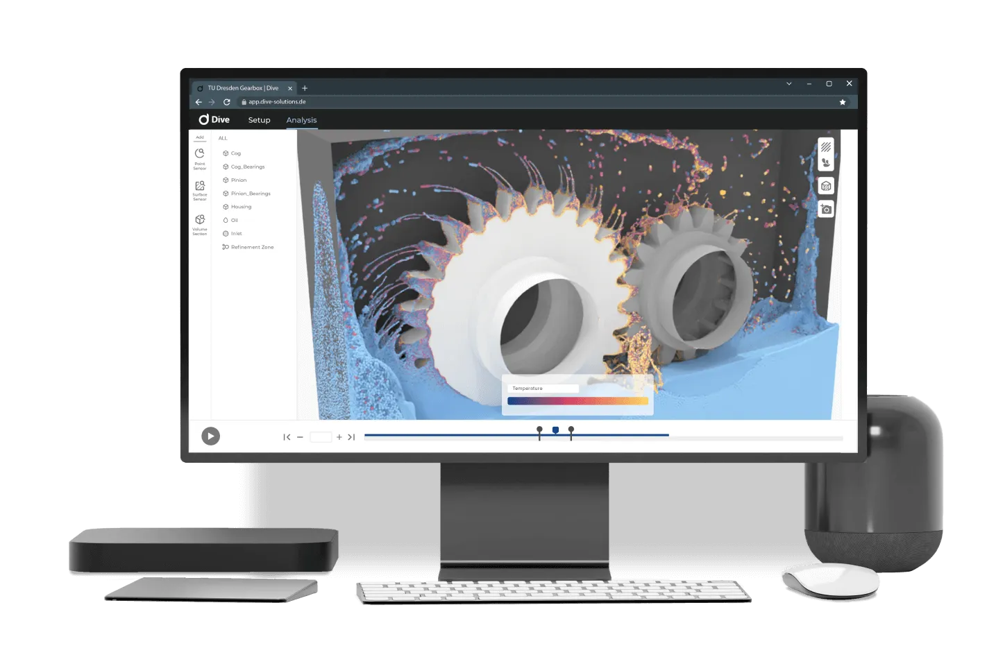 Browser-based, minimalistic simulation software on the screen of a computer showing a simulation of the FZG gearbox. The fluid is built out of particles. The colors on the fluid present the heat distribution. On the left side, is a list of objects. On the right side, view options. Engineering sketches in the background.