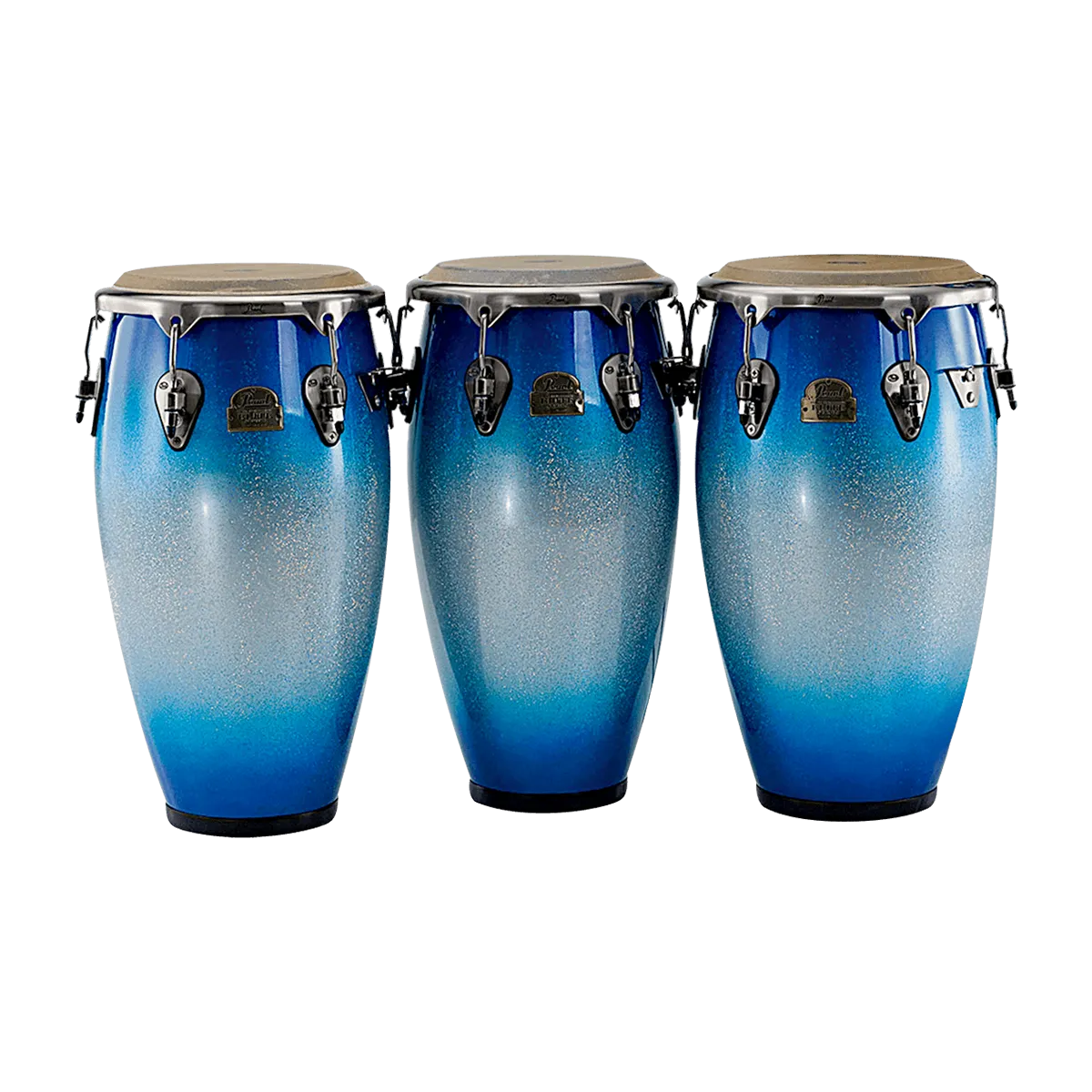 A group of three blue and white burst finish congas sitting next to each other.