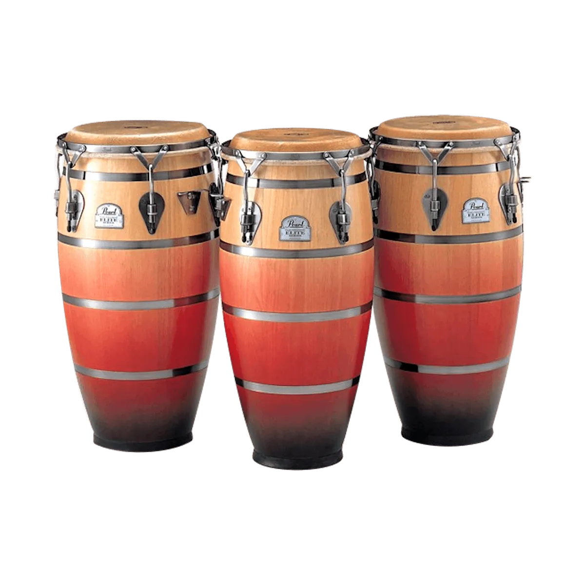 Three wooden conga drums with a sunburst finish sitting next to each other.