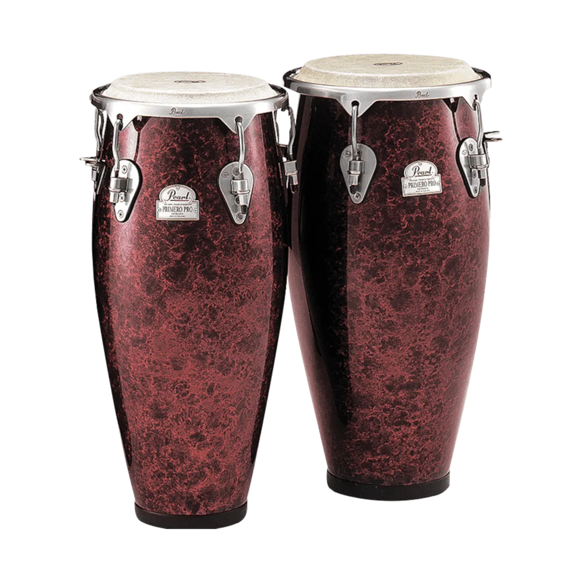 A pair deep red congas with chrome hardware.