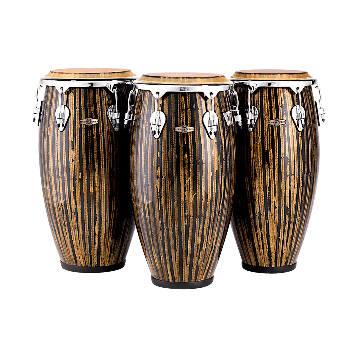 A group of three wooden congas with yellow and brown stripes.