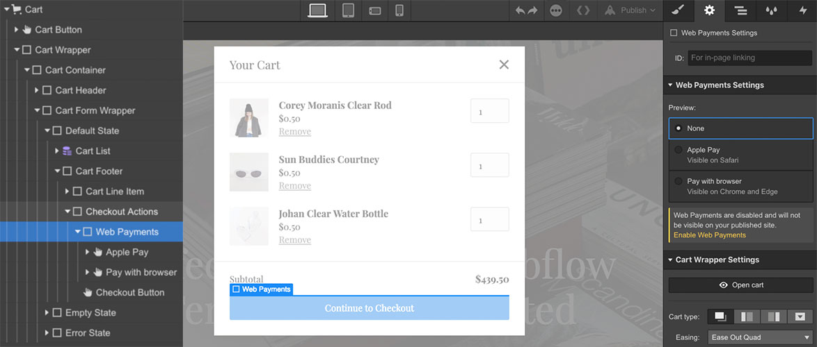 Access the Web Payments Settings in the cart