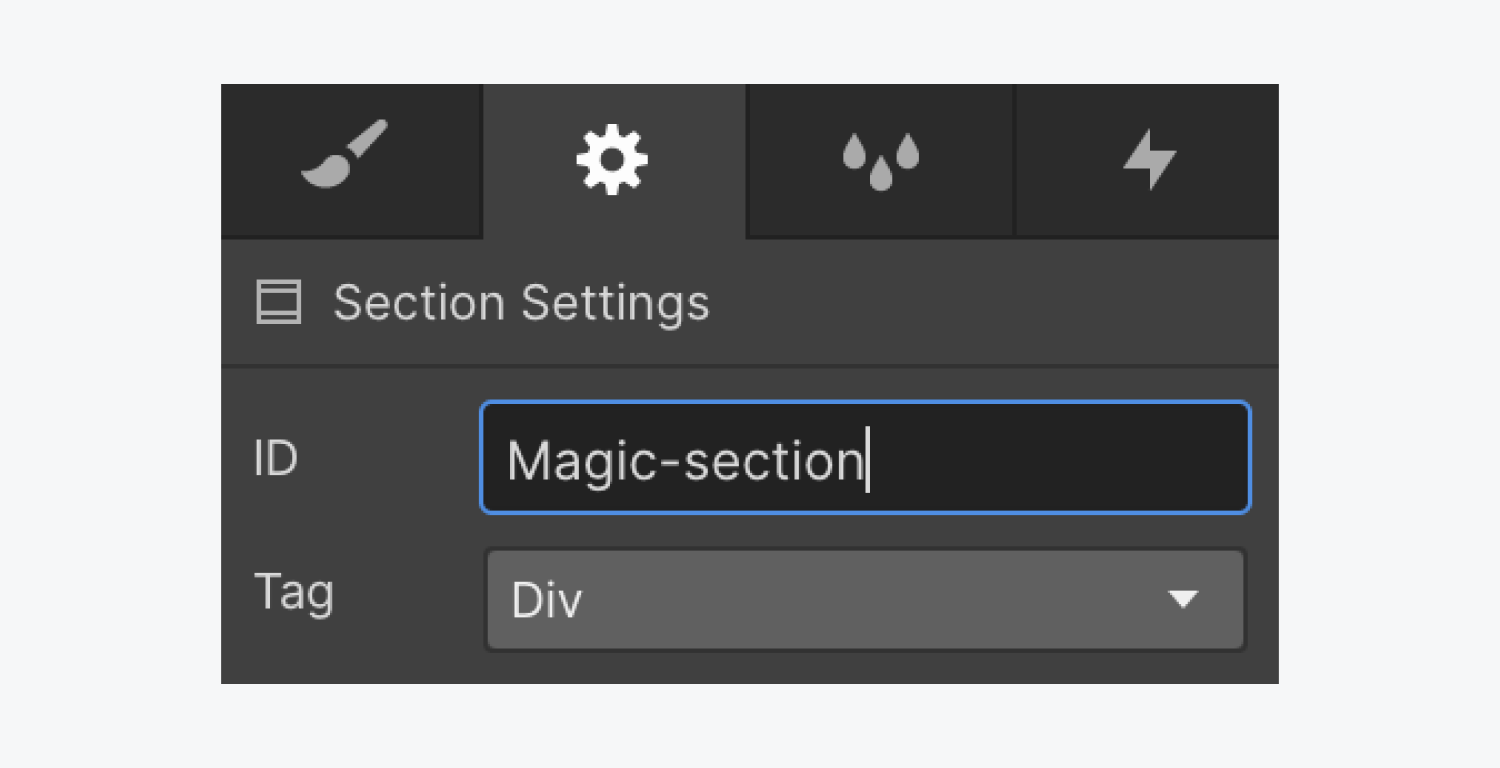 An example ID named "Magic-section" is added to the Section's settings in the Element settings panel.