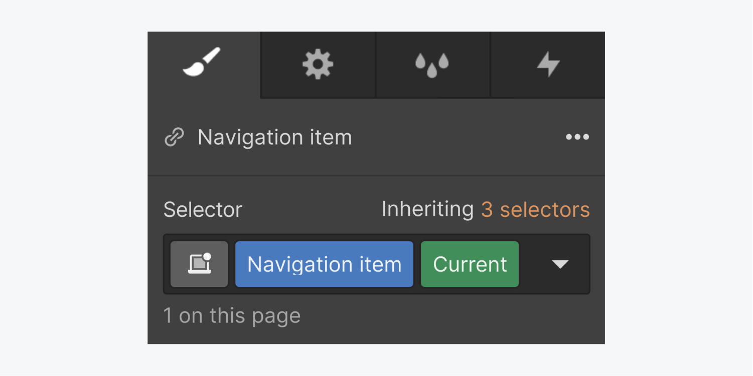 A navigation link called navigation item includes a current state in the selector section inheriting three selectors.