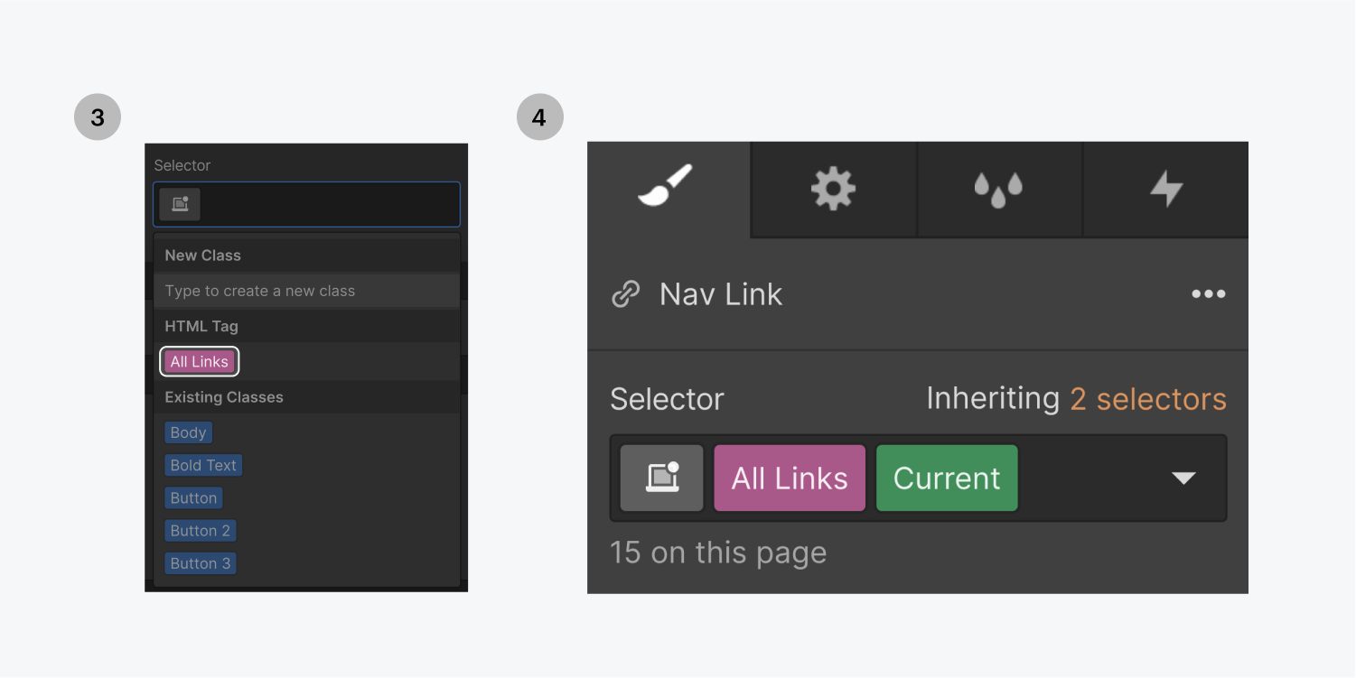 Step three on the left, while the link element is still selected, select the All Links tag from the drop down menu. Step four on the right, notice a green "current" state has been added to the All Links tag.