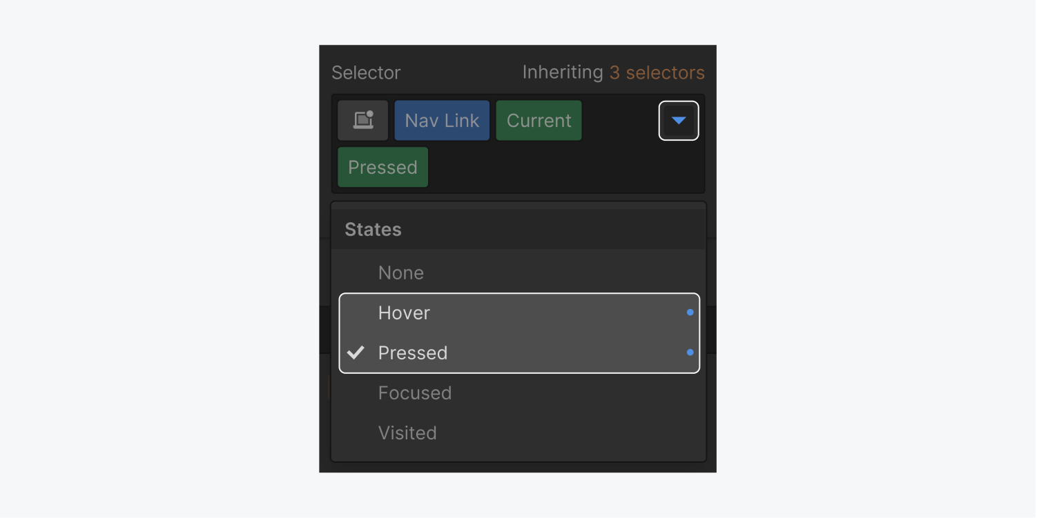 A link element called Nav link is currently in the "current" and "pressed" state. A down facing carrot icon is highlighted to show the dropdown menu of the states with a blue dot indicator on the Hover and Pressed states. The hover and pressed states are highlighted with their blue indicator.