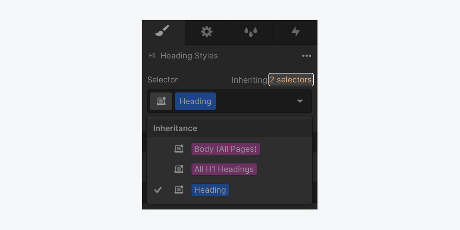 The inheritance menu link is highlighted above the Selector field in the Style panel. The link reads “Inheriting 2 selectors.”