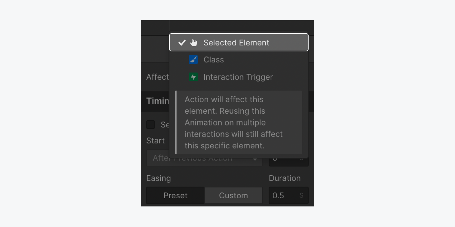 The “Selected element” option is highlighted in the Affect menu.