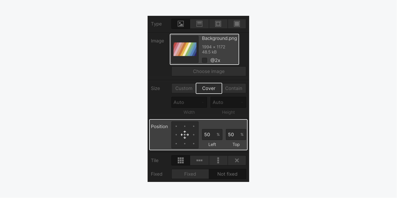 In the Backgrounds section of Webflow's Style panel, set the image, set its size to "Cover," and choose its position (e.g., the center dot).