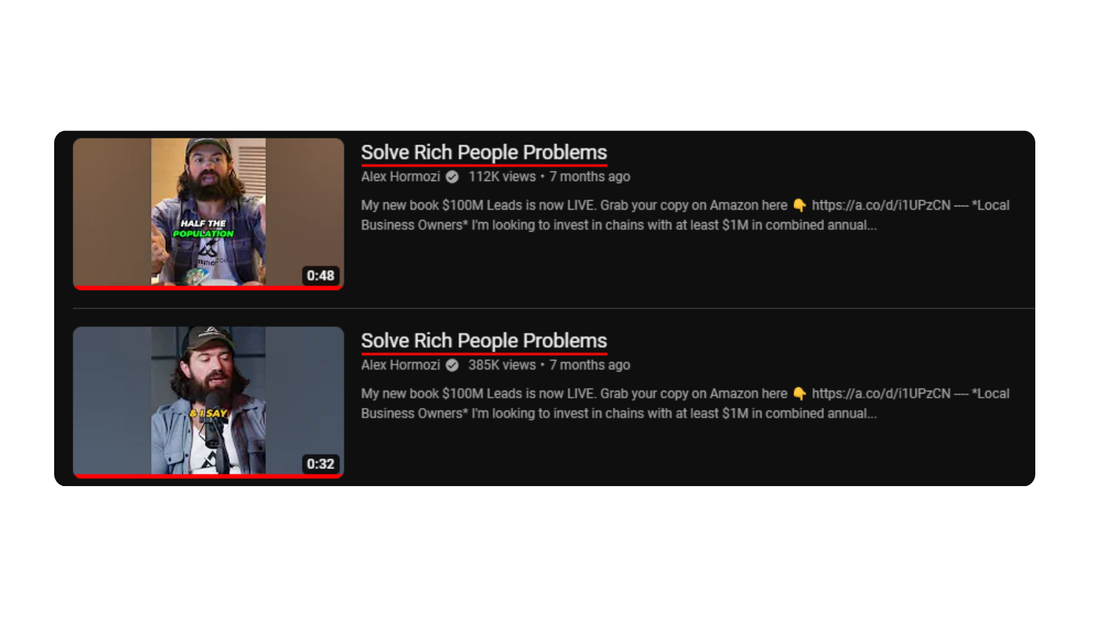 Alex Hormozi's solve people problems youtube