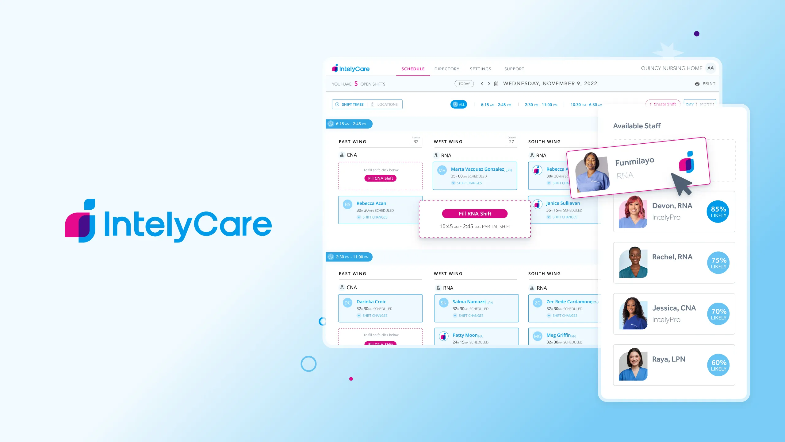 blue and white background with Intelycare logo and website view