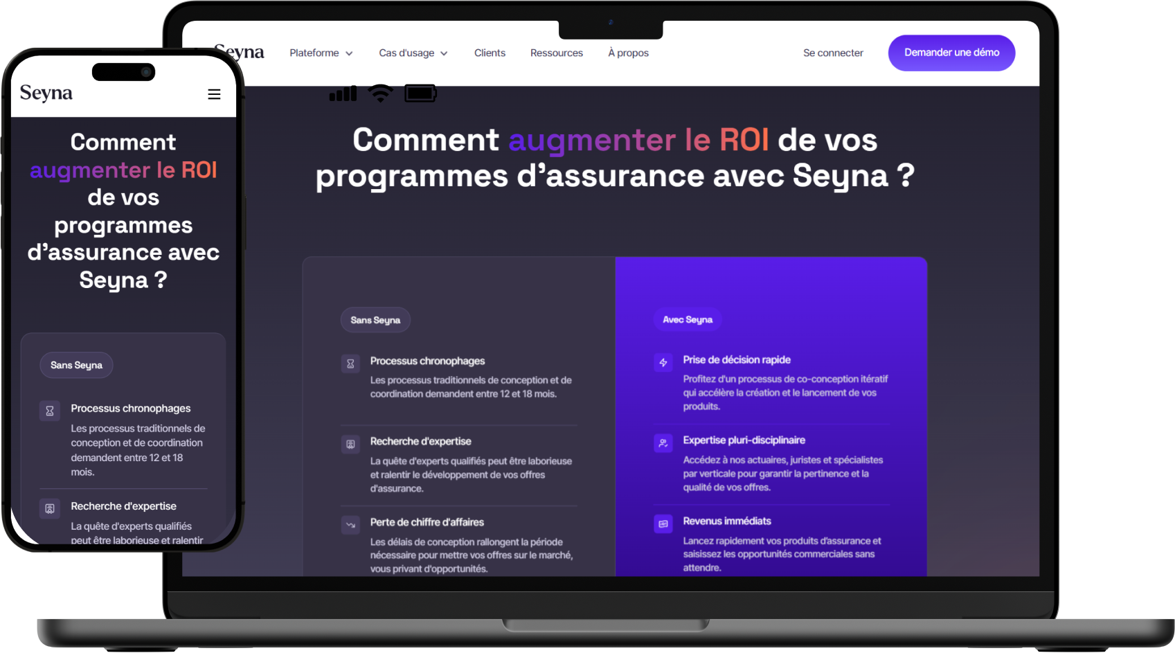 Site internet de Seyna mis en scène sur un ordinateur et un smartphone.