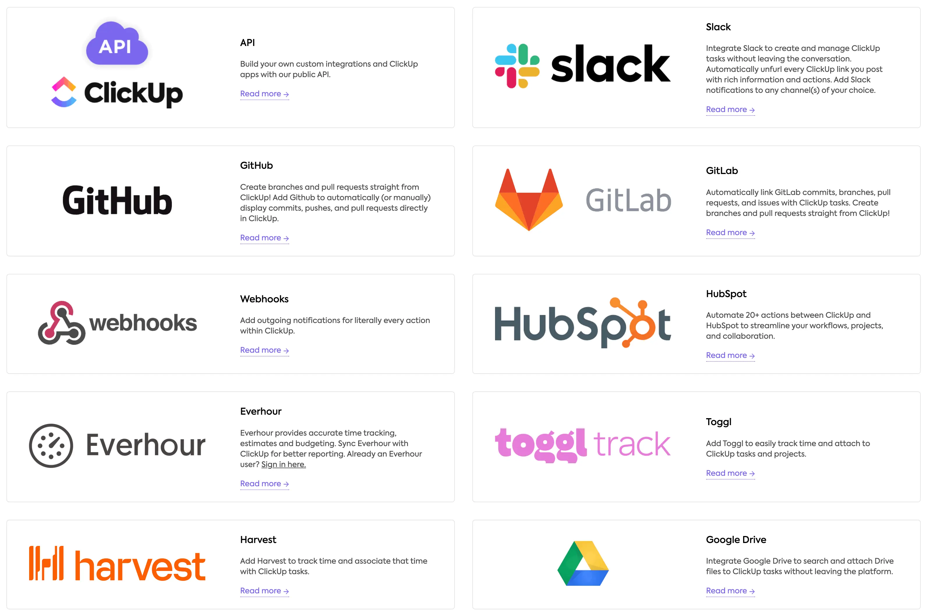 Available integrations in ClickUp