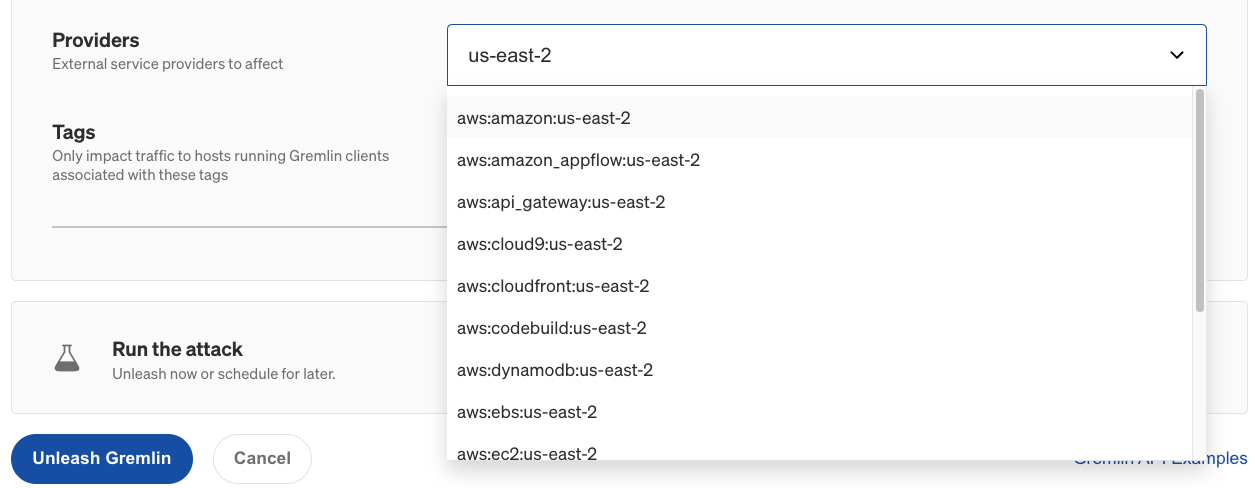 Selecting an AWS Region using the Providers drop-down in the Gremlin web app