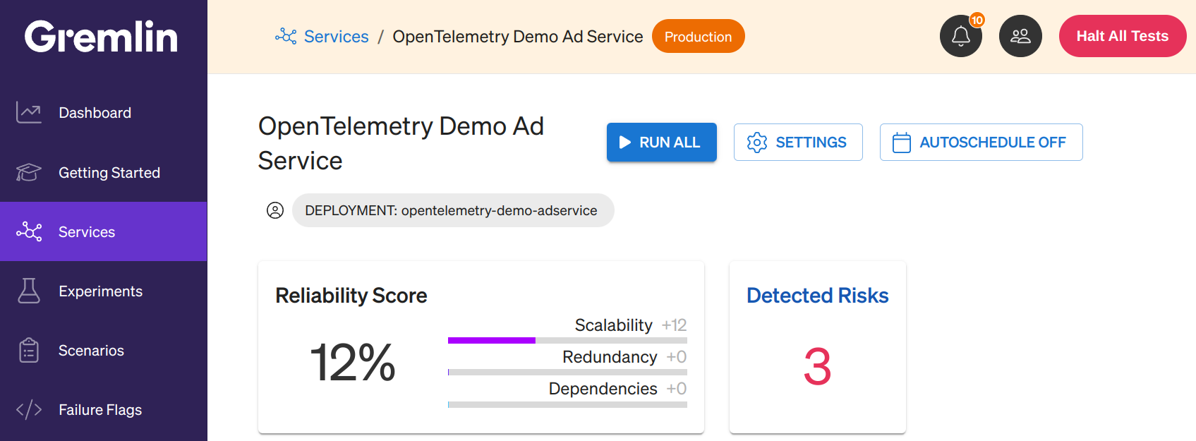 A screenshot of a service named 'Open Telemetry Demo Ad Service' with a reliability score of 12% and three detected risks.