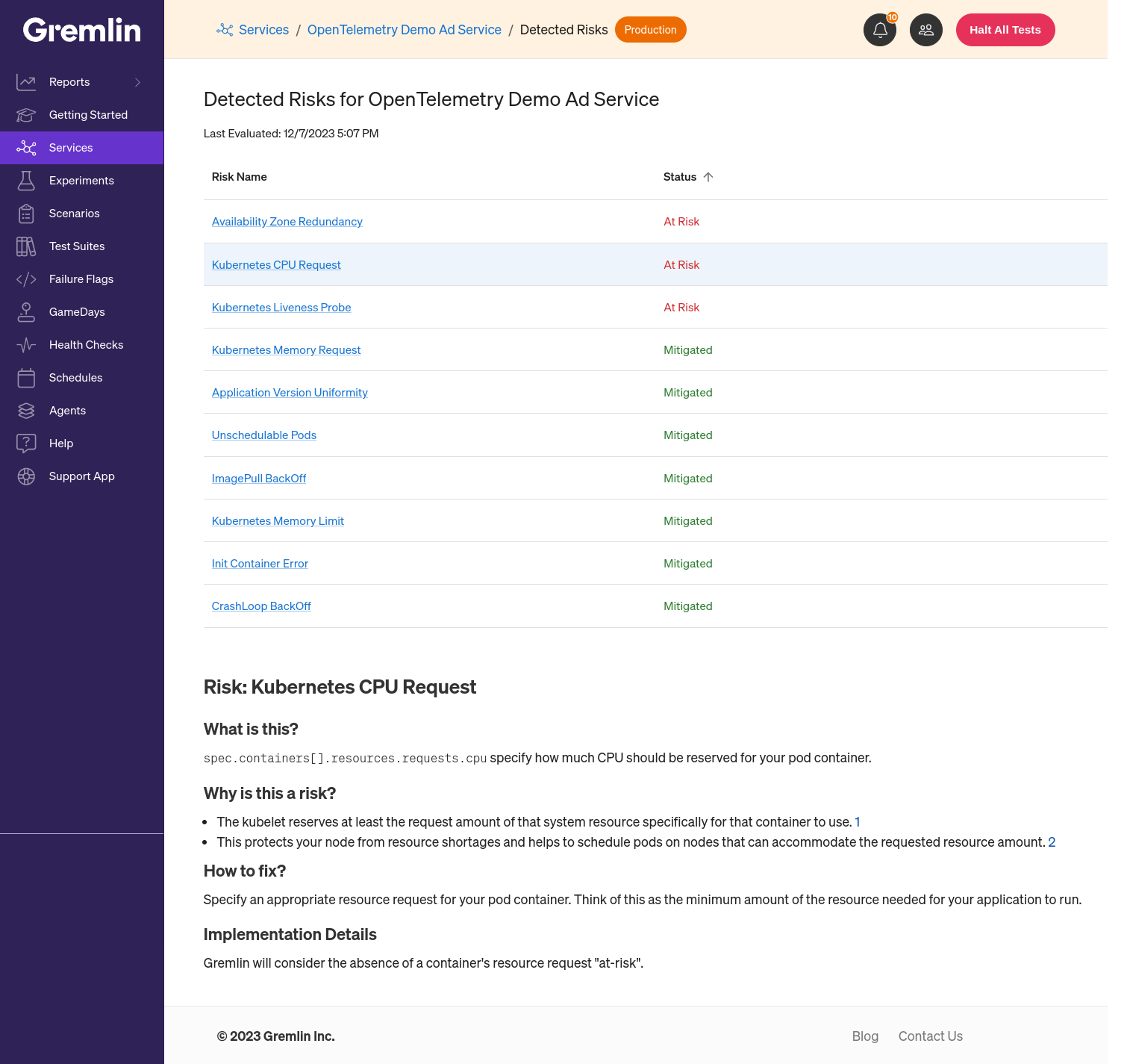 A list of Kubernetes reliability risks automatically detected by Gremlin