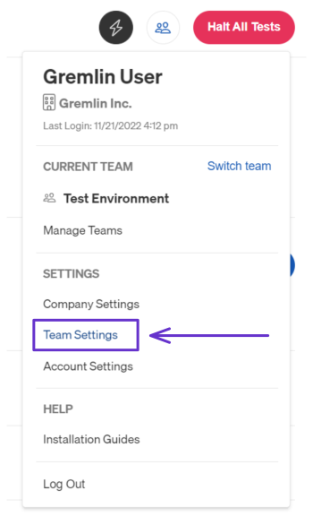 Accessing team settings within the Gremlin web app