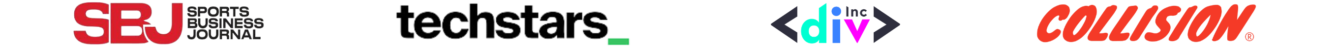 A series of 4 logos: Sports Business Journal, Techstars, Divinc, and Collision