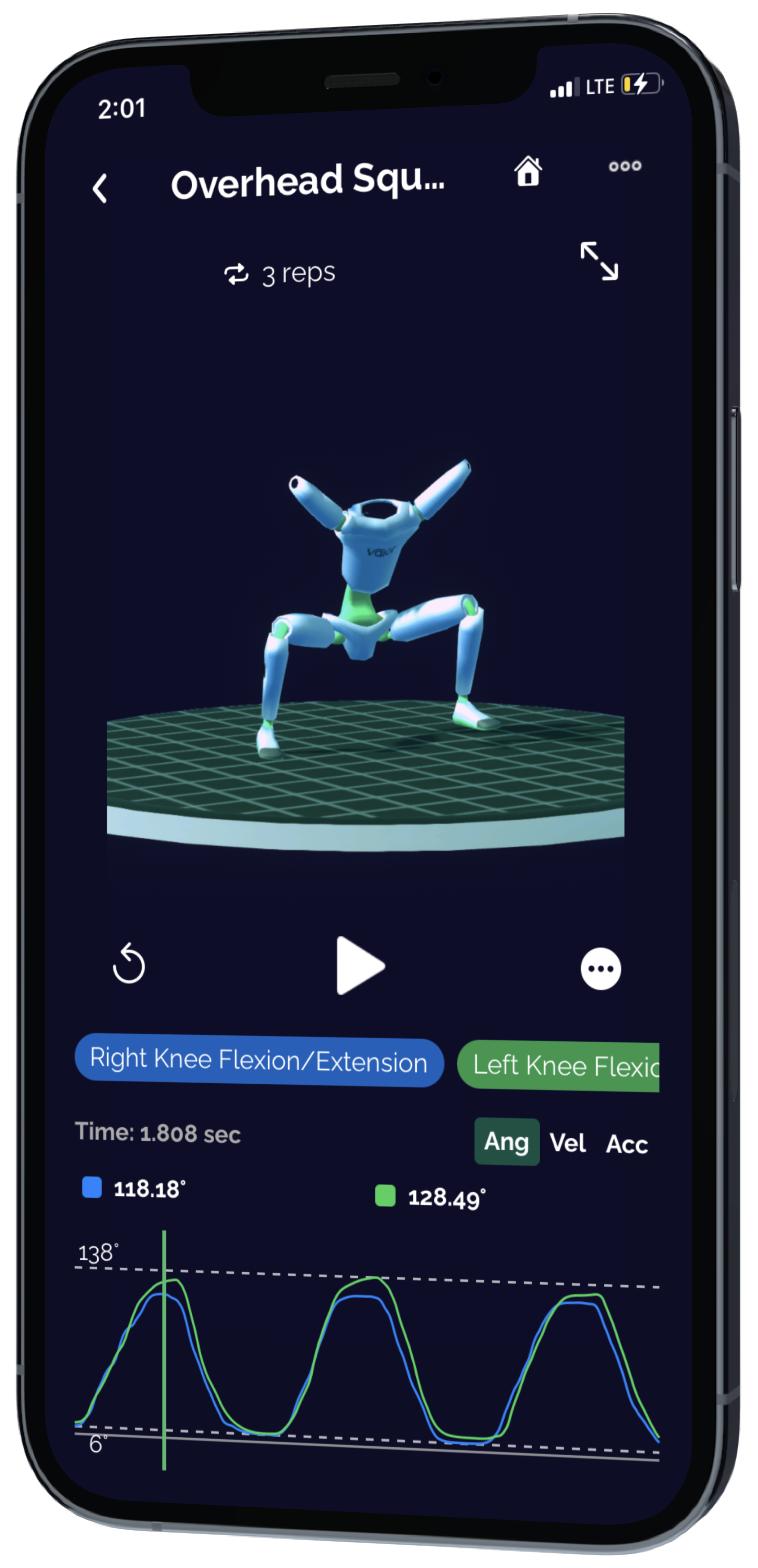 A phone screen that shows a 3D model of an athlete performing an overhead squat, with graphs displaying left and right knee flexion.