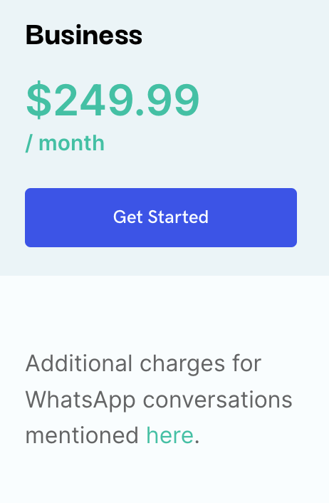 Bitespeed Business Plan WhatsApp Conversation Pricing Disclaimer Screenshot