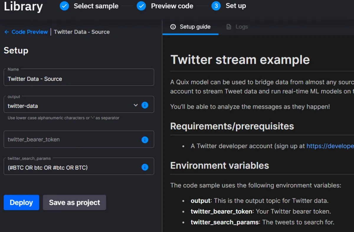 Twitter stream example setup screenshot.