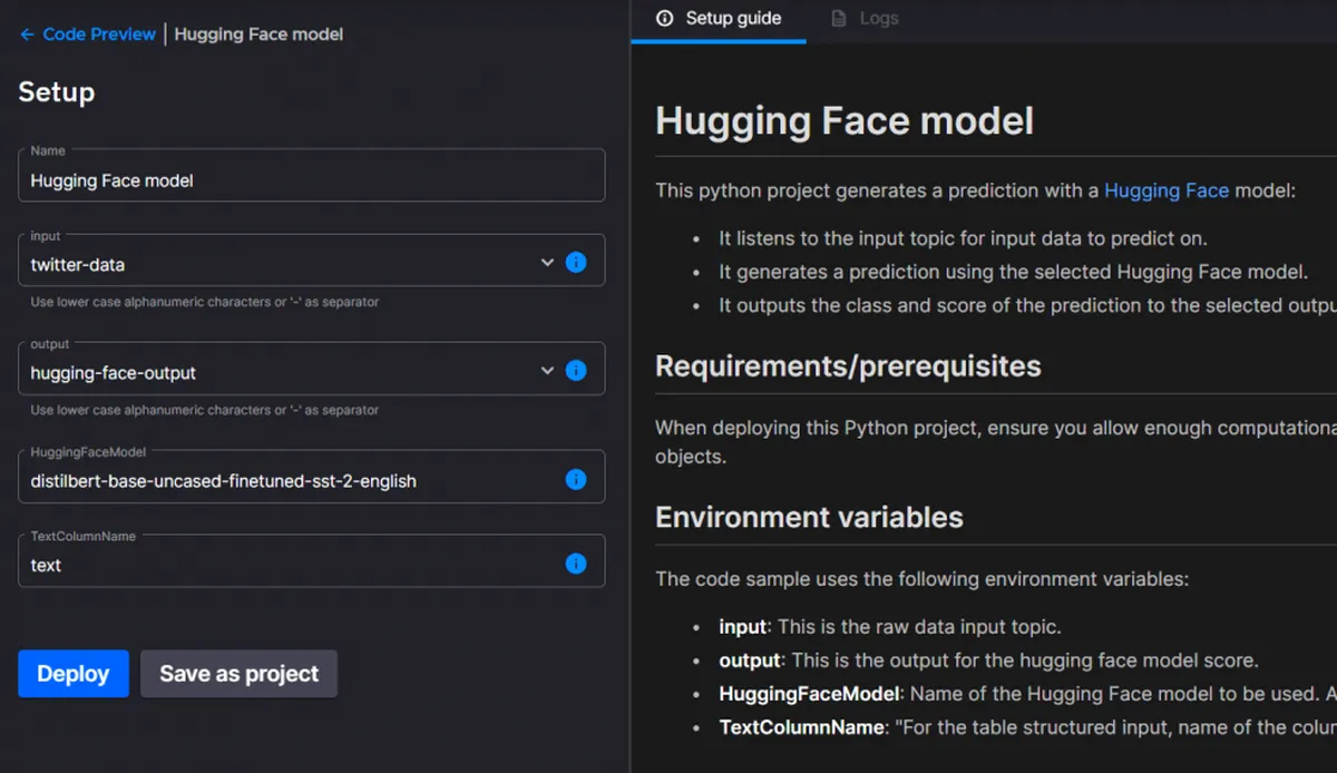 Hugging face model setup screenshot.