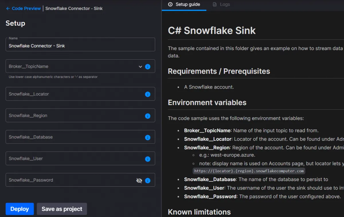 C# snowflake sink setup screenshot.