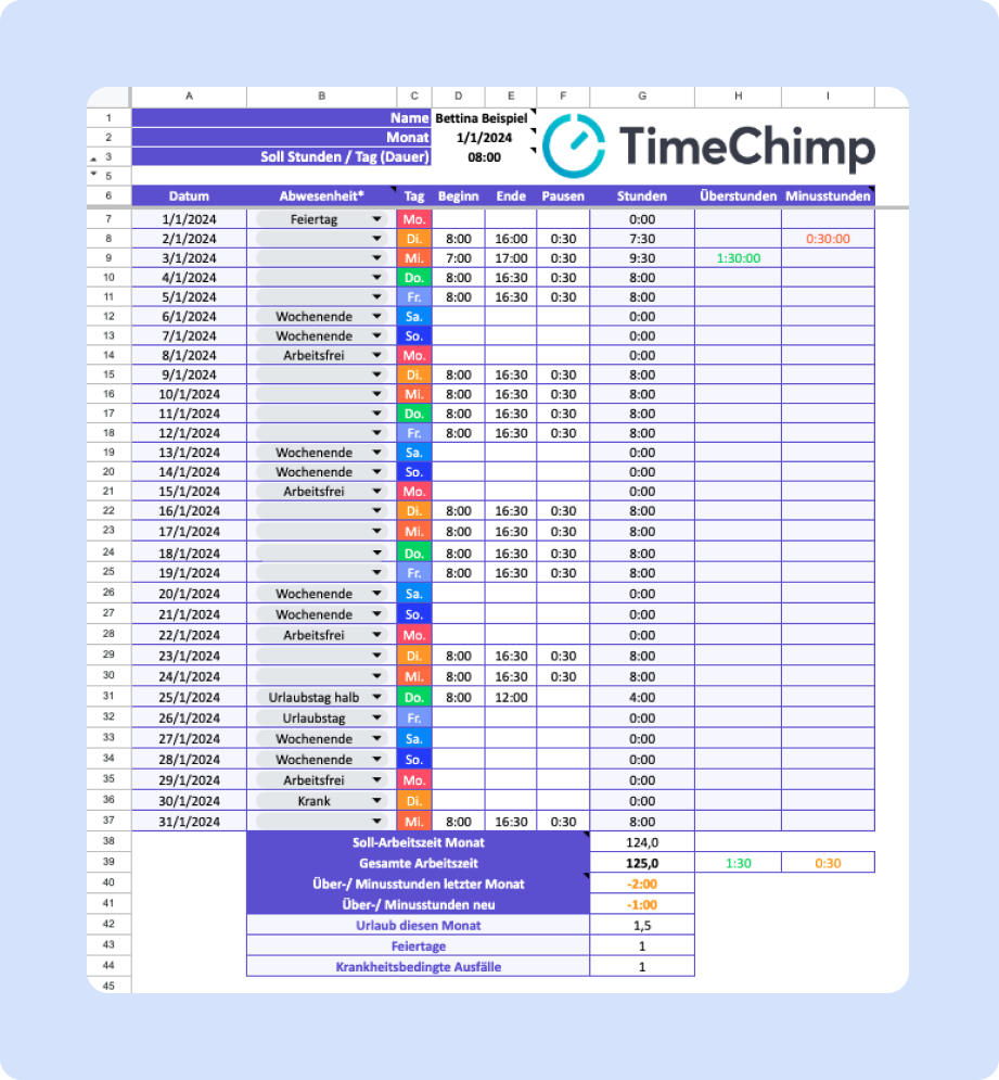 Zeiterfassung + Überstunden pro Monat (Excel-Tabelle)