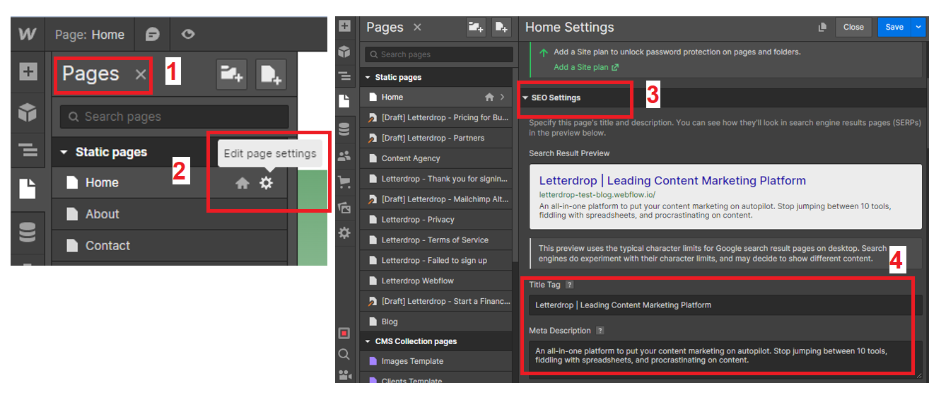 Editing meta information in the Webflow designer