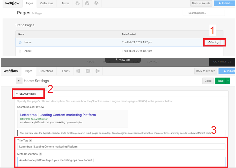Editing meta information in the Webflow editor