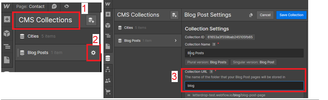 Setting up a collection URL in Webflow