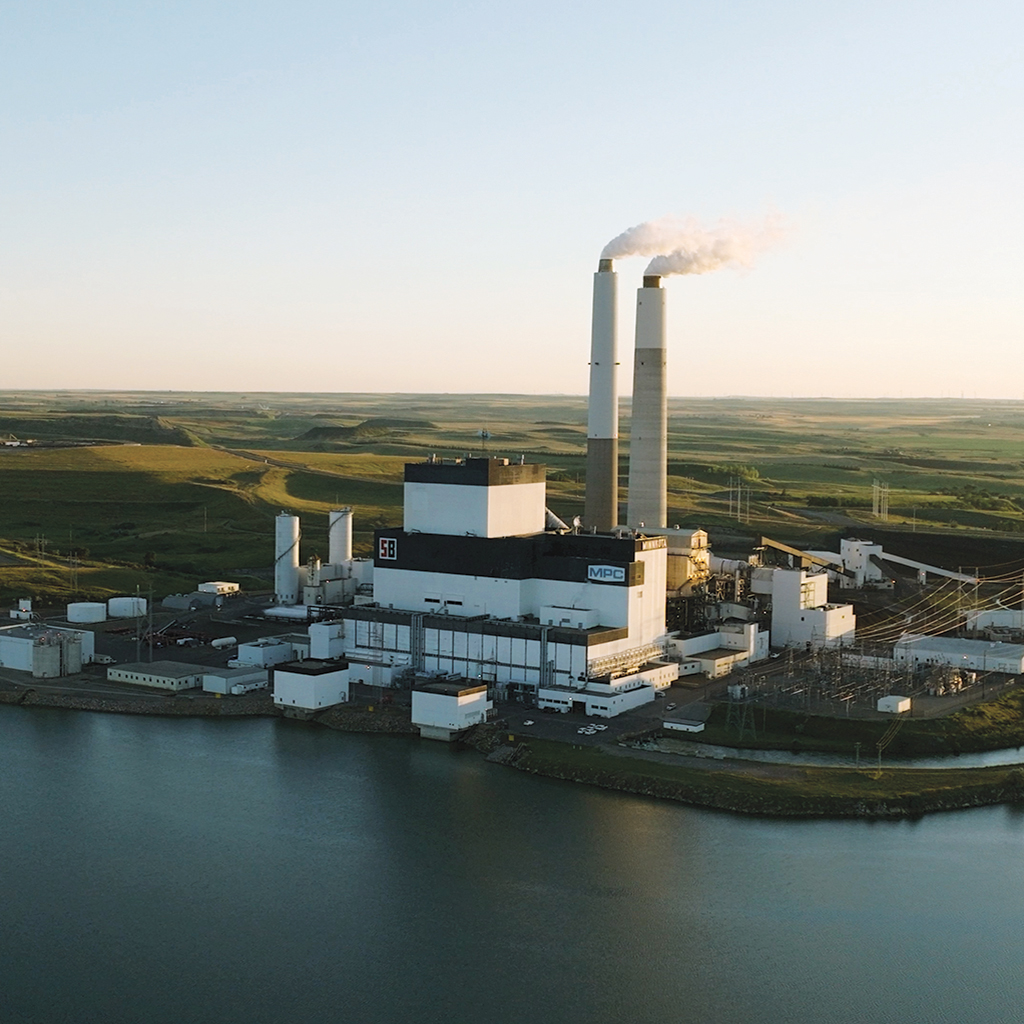 Drone photo of the Milton R. Young Station and Nelson Lake
