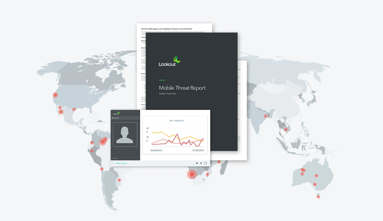 map of the world, with lookout's mobile threat report on top