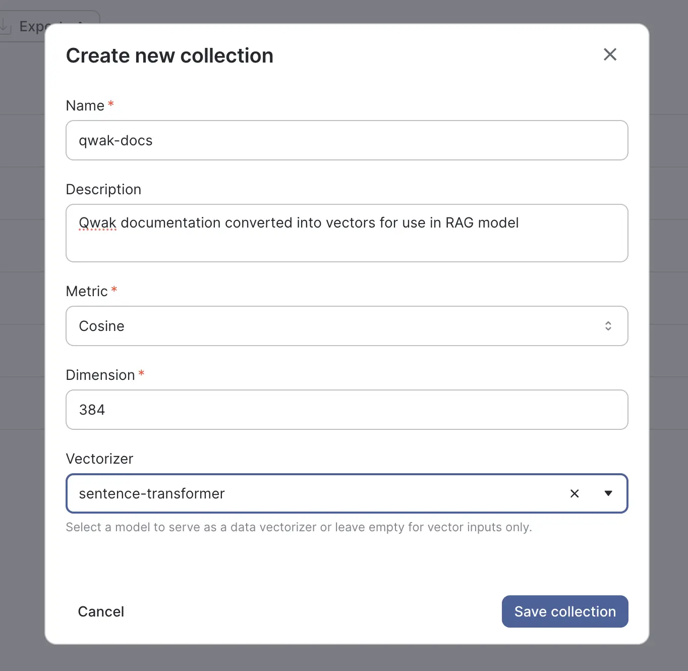 create new vector store collection