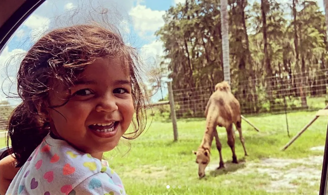 A young girl happily looks out the car window to look at a camel at Wild Florida's Safari Drive-thru