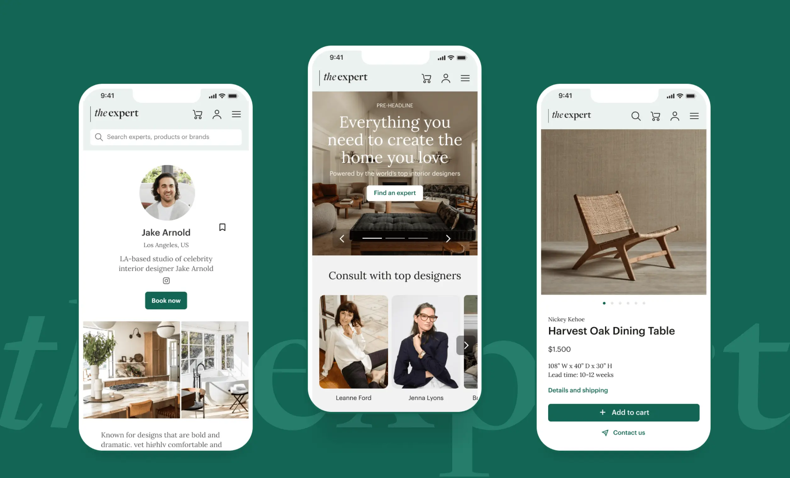 User interface screens of our client The Expert. A video consultations marketplace with the world’s top designers & Expert-curated home shopping marketplace. Backed by First Round Capital, Forerunner Ventures, Gwyneth Paltrow, and more.
